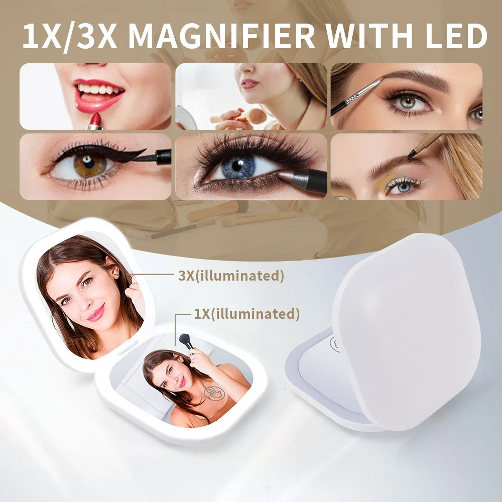 Double Sides Touch Travel Led 3 Colors Mini Foldable Cosmetic Charge Makeup Mirror With Light 3X Magnifying Compact Handheld 250530