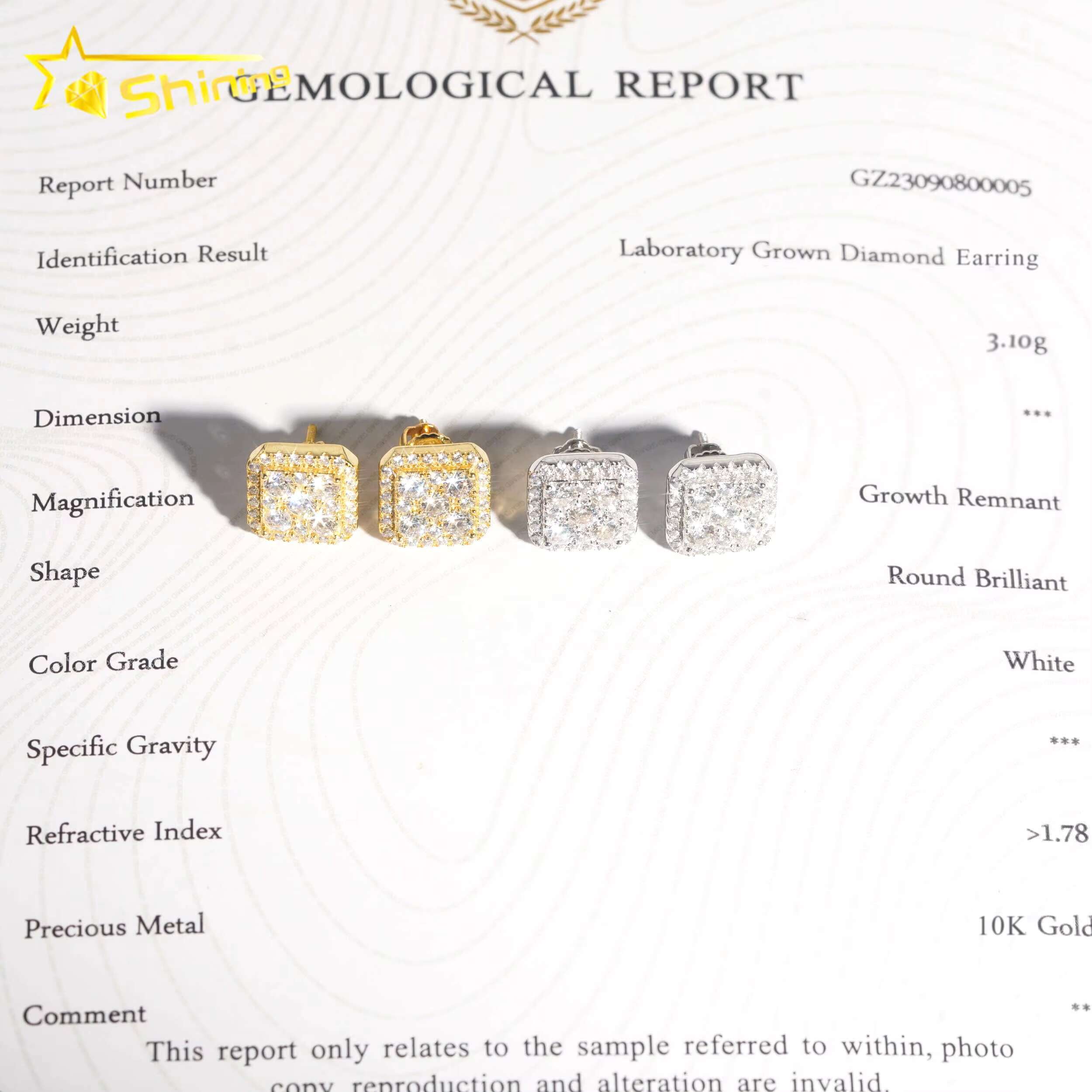 Luxury Hip Hop Jewelry Iced Out 10k Solid Gold Screw Back Lab Grown Diamond Moissanite Square Earrings