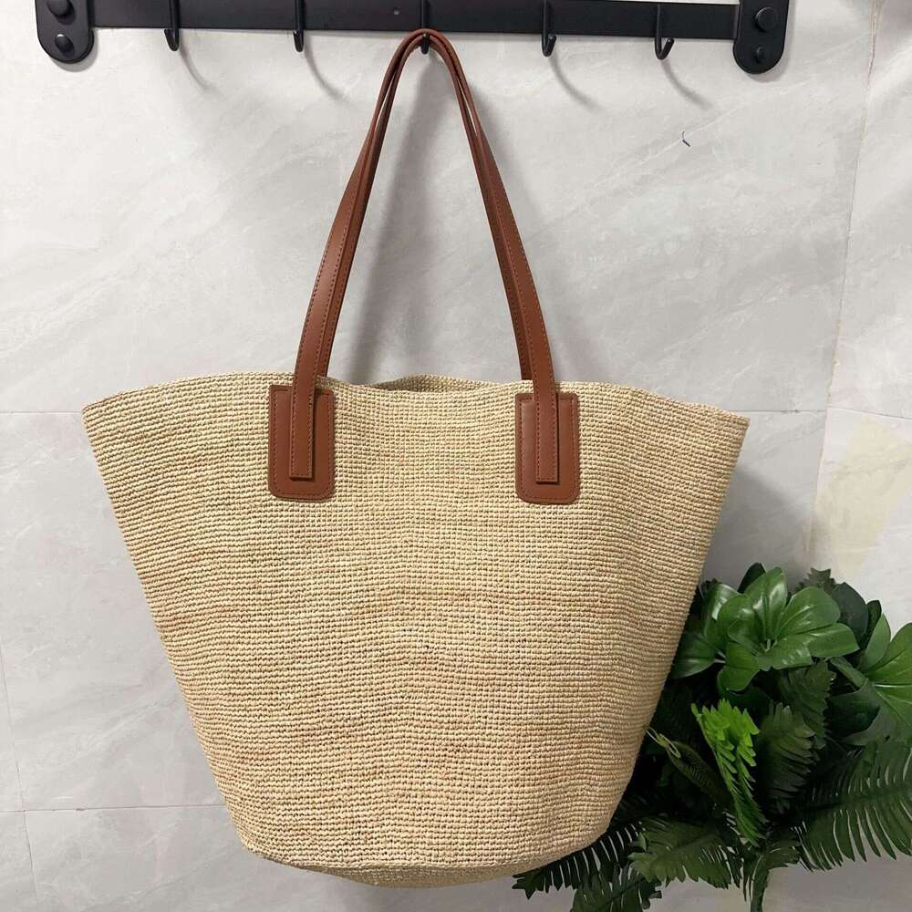 Straw Beach Tote French Style Simple Genuine Leather Shoulder Strap Raffia Woven For Women Beach Vacation Large Capacity Tote Bag Crossbody Bag