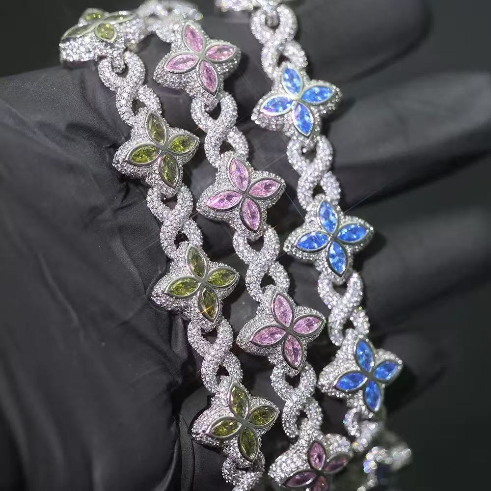 Fashion Hip Hop Jewelry Gold Plated 925 Sterling Silver Colored Moissanite Diamond Four Leaf Clover Necklace Cuban Link Chain
