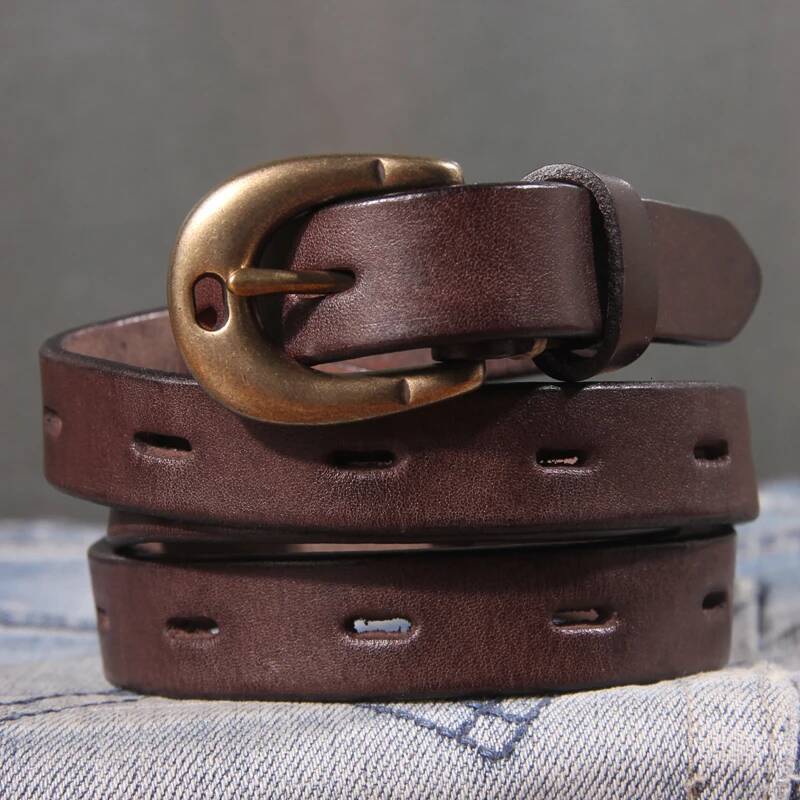 Retro Genuine Leather Women's Pure Copper Button Western Cowboy Style Brands Jeans Fashion Women Belt