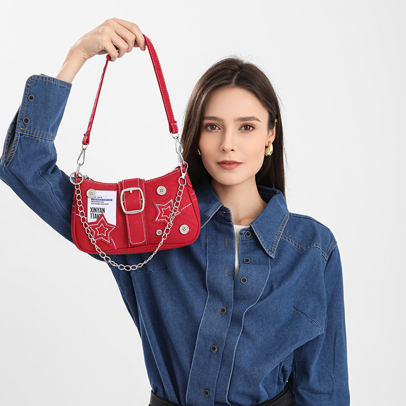 designer Star Denim Underarm Bag New Fashion Trend Niche Design Crescent Bag Canvas Tote Bag Chain Bag Wholesale