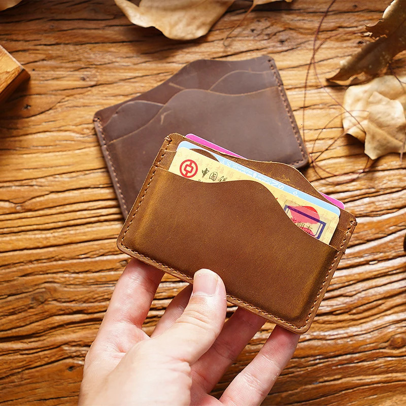 Vintage Crazy Horse Leather Wallet - Handmade Top Layer Cowhide Card Holder for Women/Men Compact Card Collection Organizer 250528