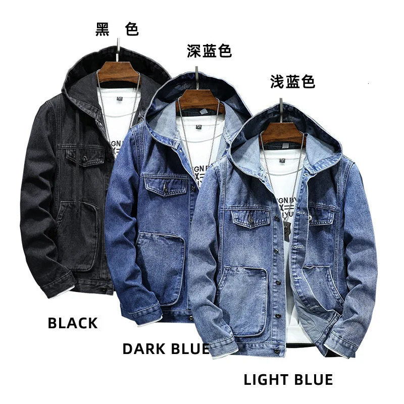 Men Denim Jackets Coats Button Coat Hooded Jacket Full Sleeve Casual Splice Regular Open Stitch Pockets Solid Spring 2025 250530