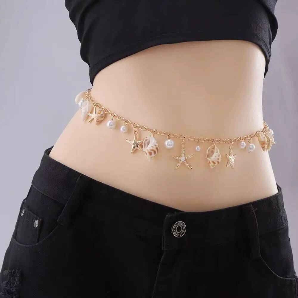Boho Beach Shells Waist Chain Women's Starfish Pearl Tassel Pendant Belt Vacation Style Versatile Match