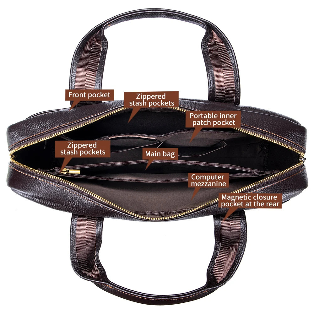 Mens leather handbag top layer cowhide briefcase leather laptop bag diagonal cross office bag 250526