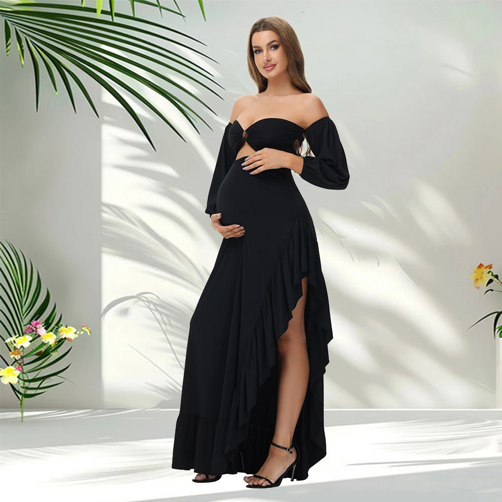 Pregnant wrapped Chest Sexy Off-shoulder Ruffled Hem Slit Dress Women Maternity Outfit For Poshoot Baby Shower 250530
