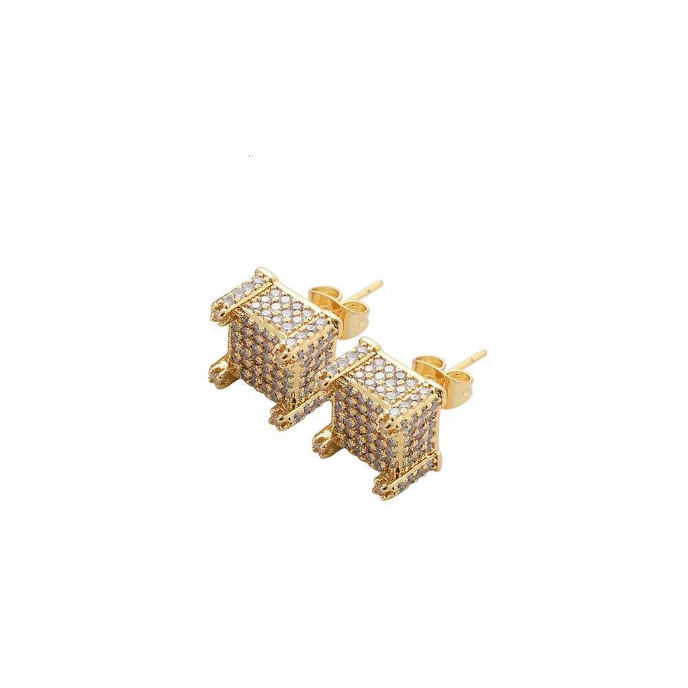 E004 Gold Plated Hip Hop CZ Stud Earrings Brass Setting Charm Style for Anniversary Occasions