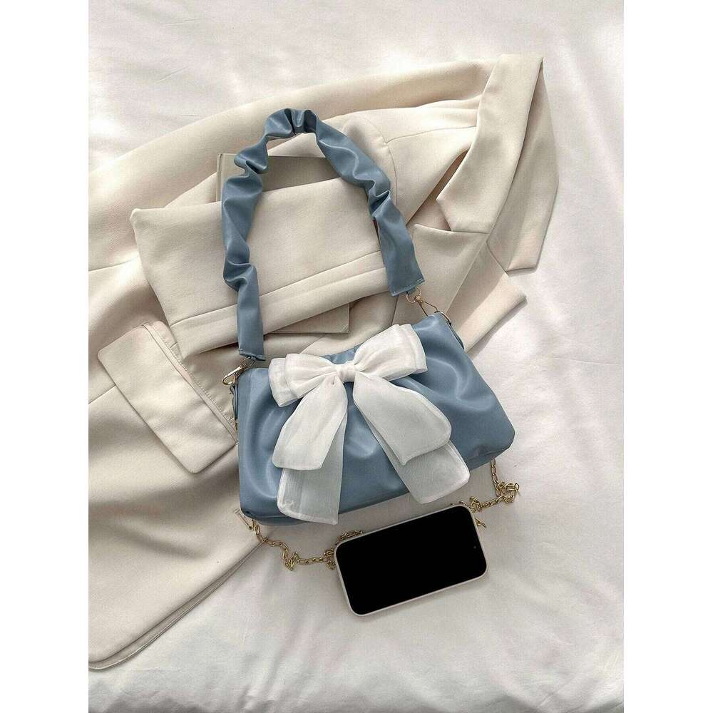 Cute Kawaii Moire Ruched Lightweight Business Casual Bow Decor Handbag For Girls Women Fashionable Shoulder Bag