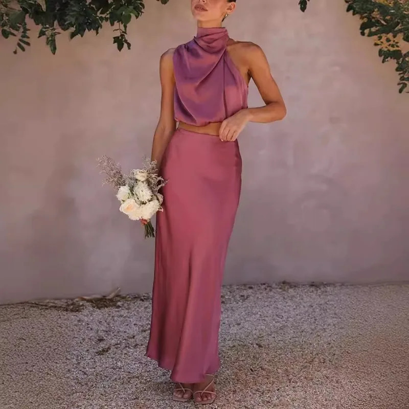 2025 Summer Women Satin Two Piece Set Elegant Sleeveless Turtleneck Shirt Crop Top High Waist Loose Long Skirt Set Sexy Outfits 250530