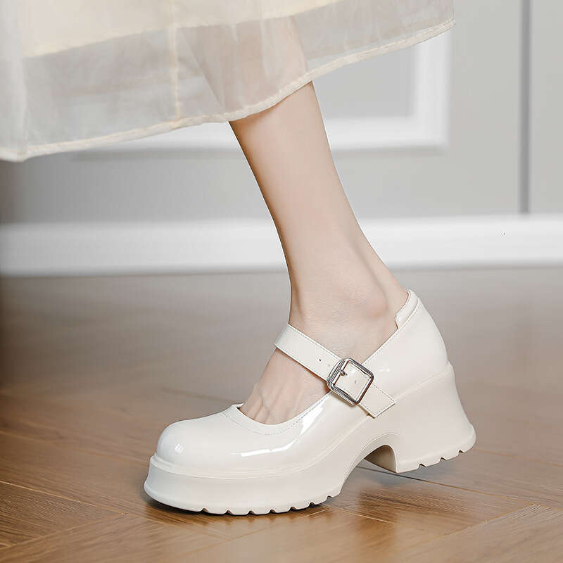 Mary Jane for Women 2025 New High Versatile Petite Height Increasing White Chunky Heels to Match Skirts Small Leather Shoes