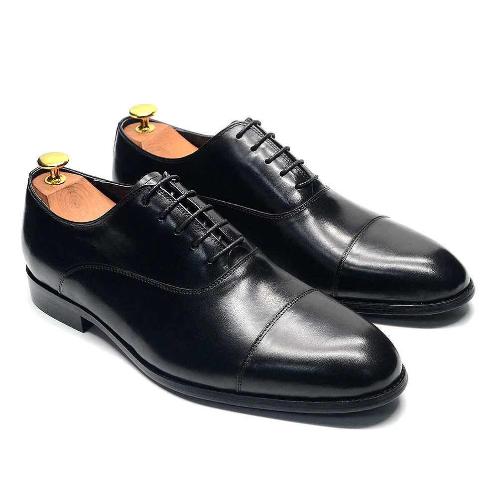 Genuine Leather Mens Business Dress Shoes Black Cap Toe Lace-Up Oxfords Company Office Wedding Party Formal Shoes for Men 250526