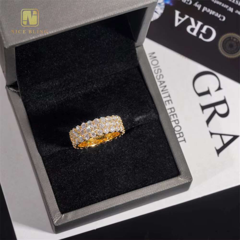 GRA Certificate 925 Sterling Silver Gold Plated Hip Hop Jewelry New Style 3row Stone VVS Diamond Moissanite Hip Hop Ring