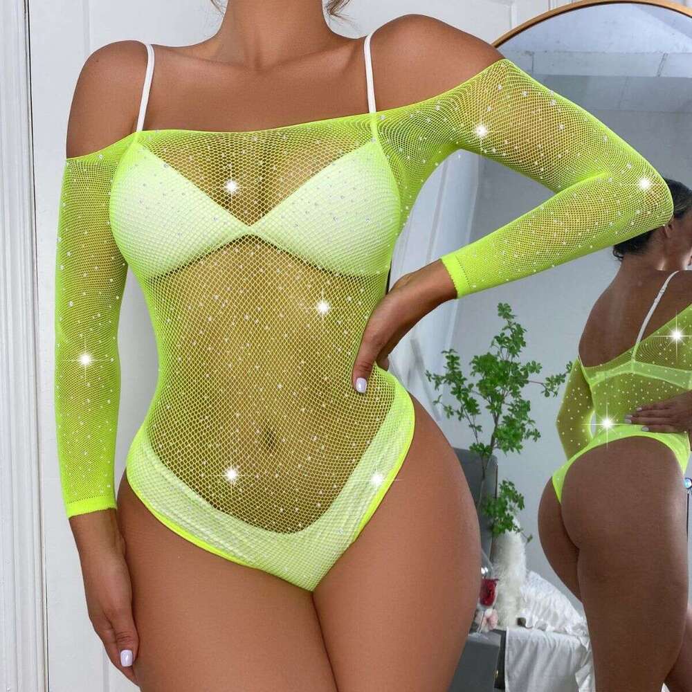 Spell Lingerie Porn Suits TZ Women S Rhinestone Shiny Sexy Lingerie Long Sleeve Small Mesh Role Play Jumpsuit Sexy Lingerie