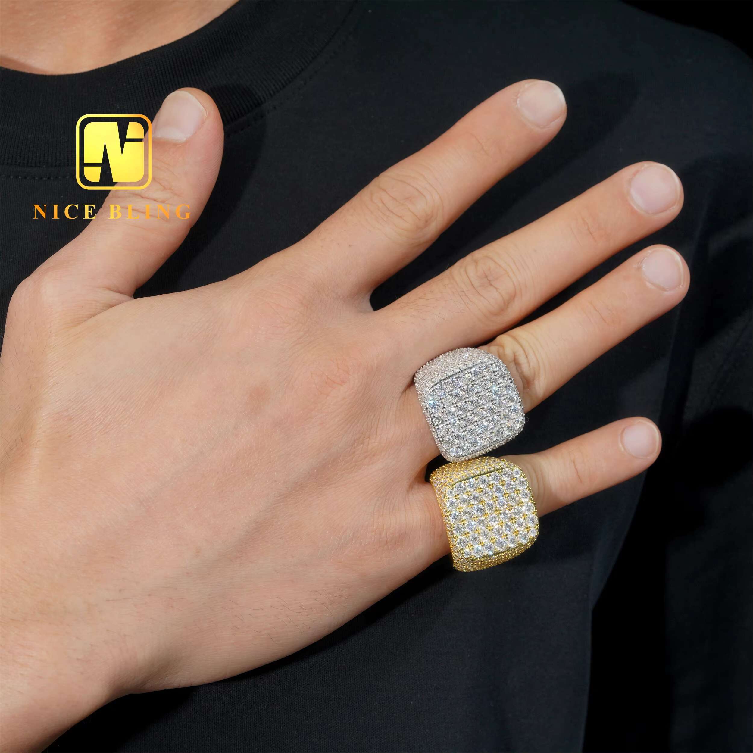 18K Gold Plated Full Iced Out Mens Rings Hip Hop Fashion Jewelry 925 Silver Moissanite square Shape Rings for Engagement