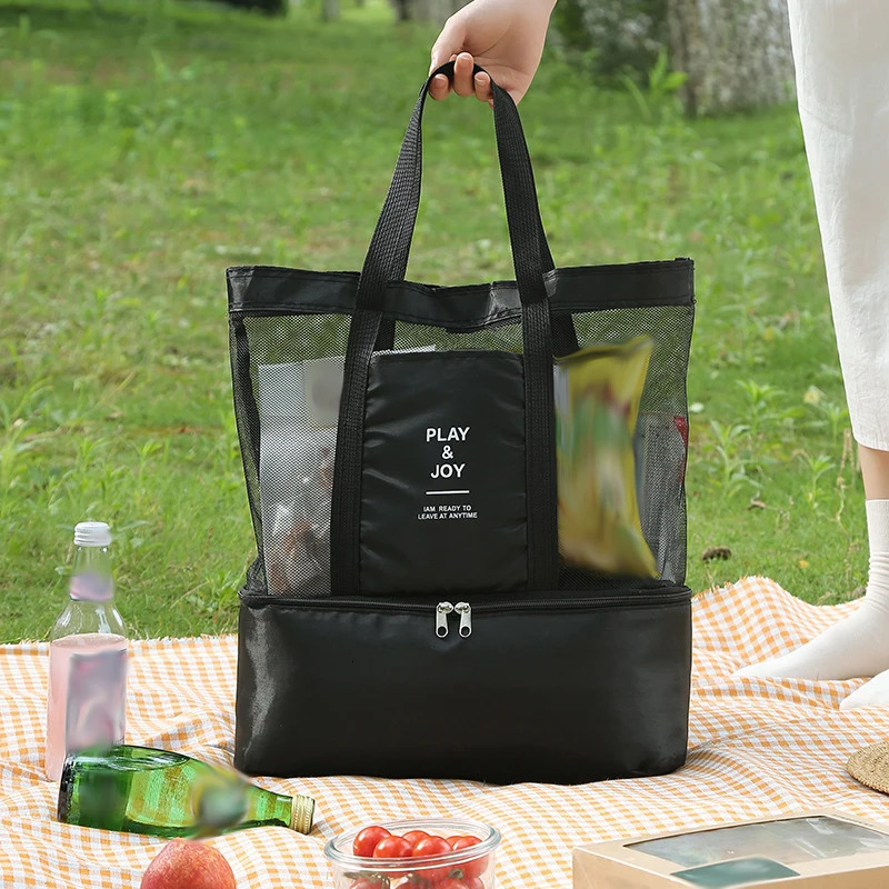 Outdoor Picnic Beach Bag Women High-Capacity Net Transparent Bag Double-Layer Tote Bag Office Heat Preservation Lunch Snack Bag 250530