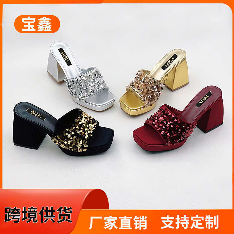 Super Slippers New Style Internet Celebrity Sequin Chunky Heel Elegant High-End Waterproof Platform Square Toe Extreme High Sandals for Women
