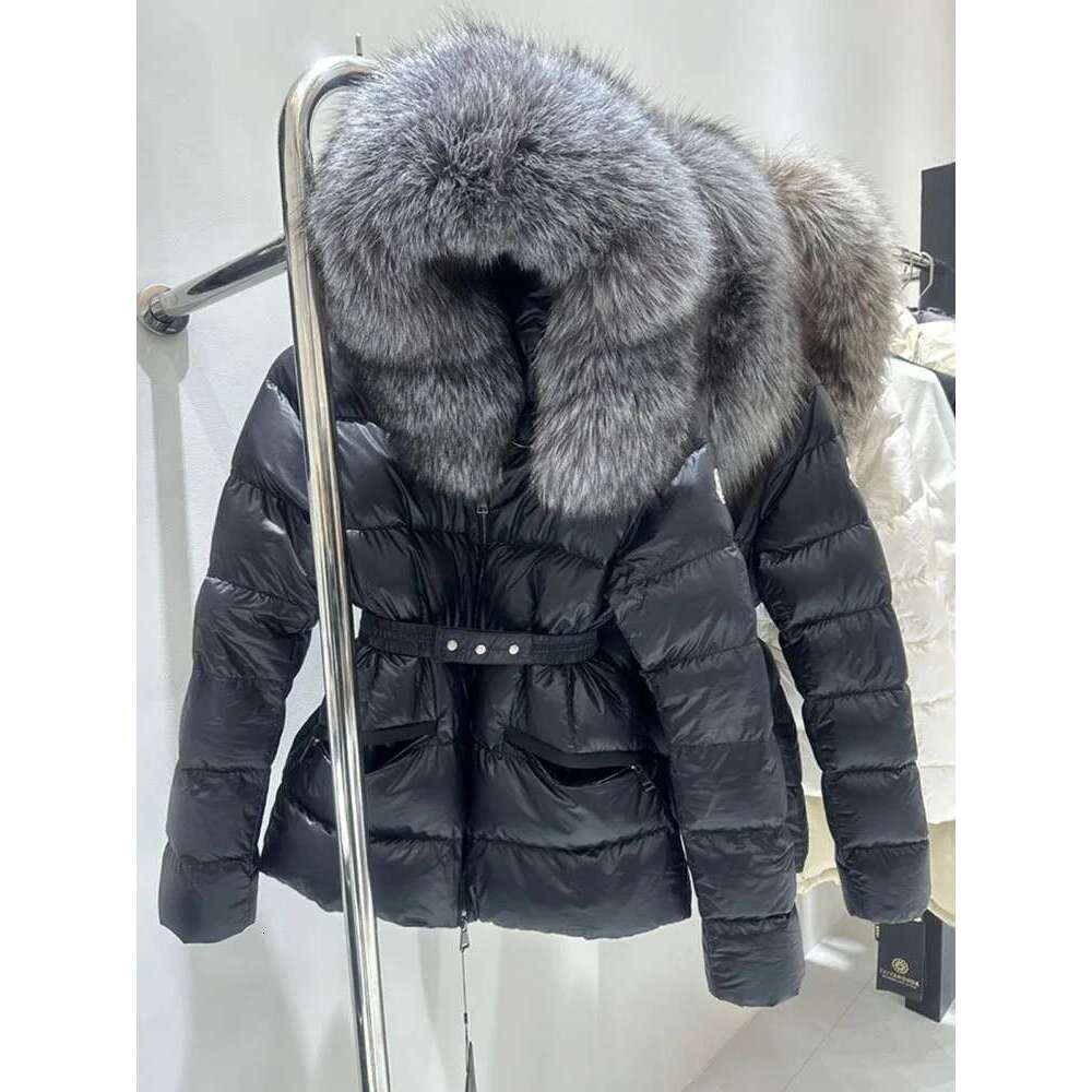 Coats Women Winter Black Hooded Fur Collar White Duck Down Puffer Thick Jacket with belt Slim Clothing High quality, fashionable, luxurious