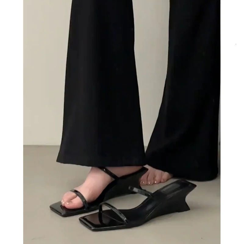 Summer Wedges Heel Women Slippers Fashion Square Toe Narrow Band Shoes Casual Party Dress Slides 250528