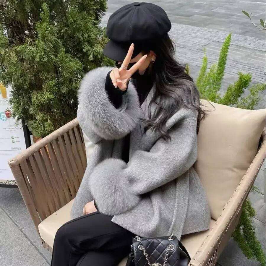 Womens kanai Double Face Wool Cashmere Coats - Premium Fox Fur Lined Collar & Detachable Sleeves