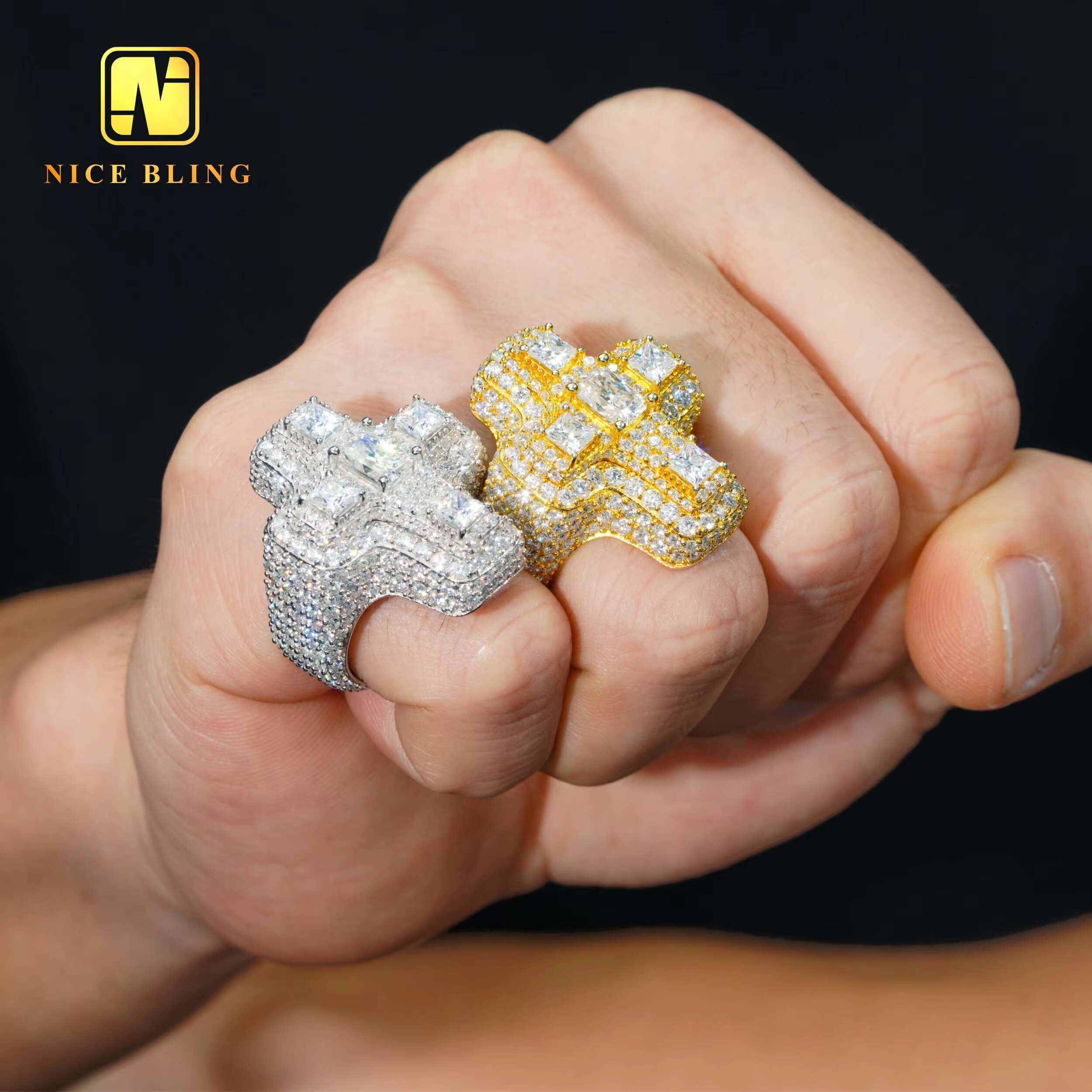 Iced Out Hip Hop Jewelry Fancy Shape Moissanite Cross Rings Men Fashion 925 Silver Moissanite Diamond Cross Rings