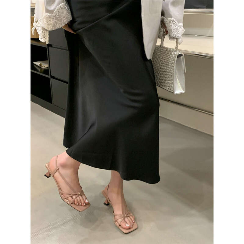 Two ~ French Fairy Style Square Stiletto High Heels for Women 2025 New Nude Color Thin Strap Open Toe Sandals