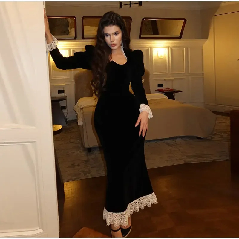 Casual Dresses Spring Vintage Square Collar Puff Sleeve Women Dress Patchwork Slim Pleated Lady Maxi Dresses 2025 Elegant Spring Vintage Female Vestid