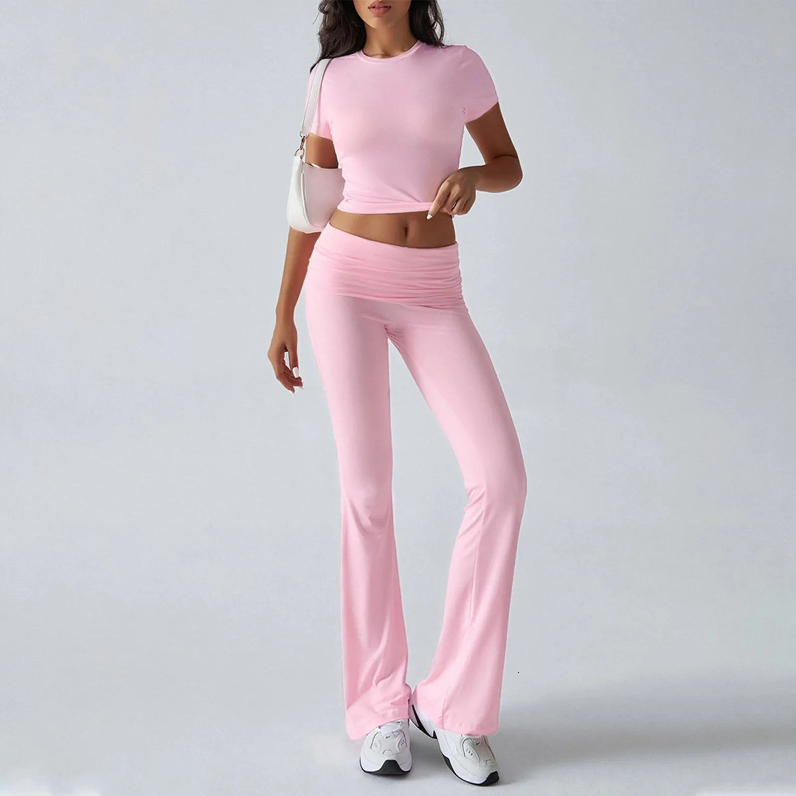 Casual Women Tracksuit 2piece Set Solid Short Sleeve Crop Topslong Pants Skinny Elastic Matching Streetwear Outfits 250527