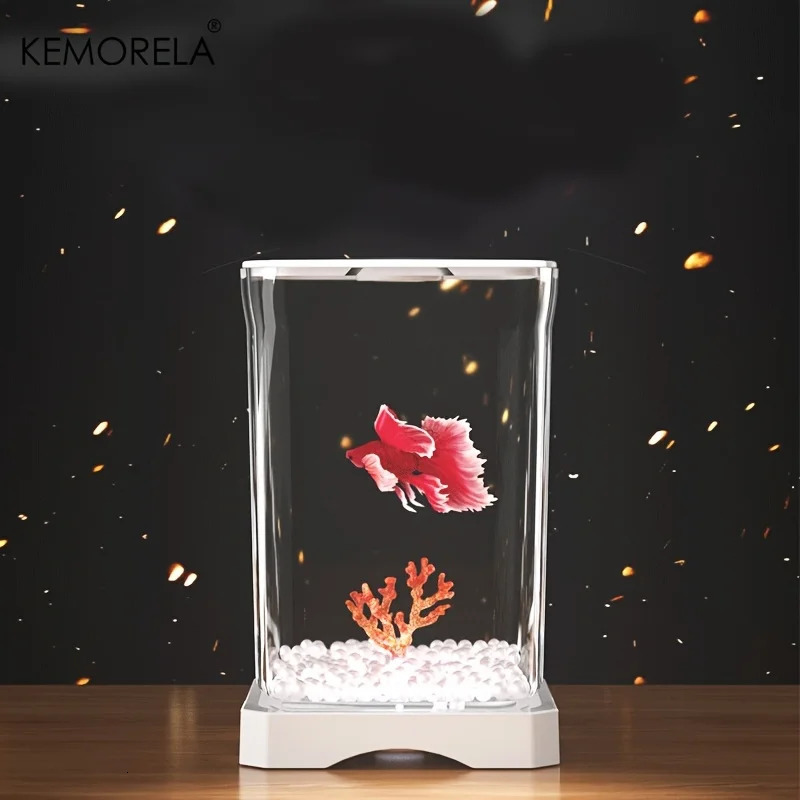 KEMORELA Acrylic Betta Fish Tank High Transparency with Feeding Hole Desktop Fish Bowl Removable Small Landscape Fish Tank 250530
