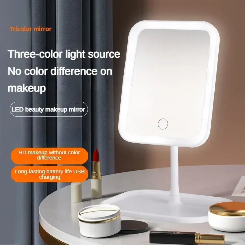 Led Light Mirror Makeup Intelligent Adjustable 3color Vanity Mirror Desktop Fill Light Mirror One Touch Charging Model 250530