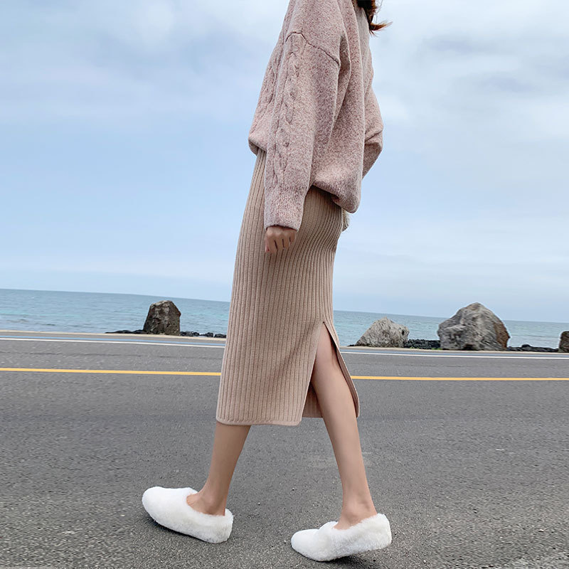 MM299 New mid-length split woolen one-step skirt high waist slimming hip skirt