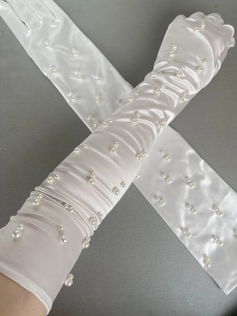 Womens Elegant Pearl Beaded Long White Satin Glove Female Spring Summer Vintage Sunscreen Driving Pograph Party Glove R2315 250529