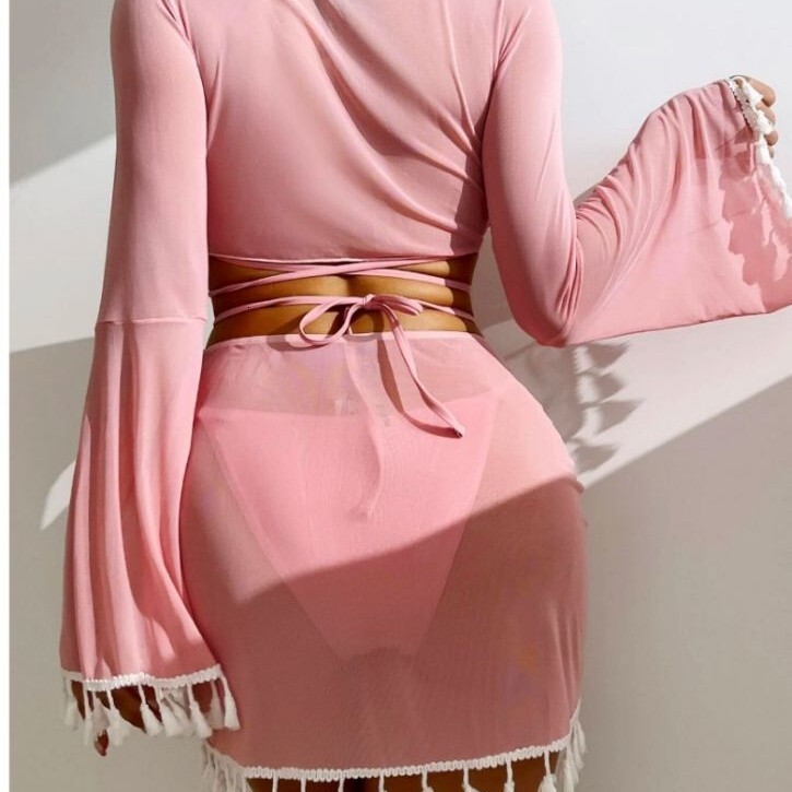 Free Shipping 2025 New Designer Shoes 2025 New Conservative Four Piece Solid Color Tassel Hoodie, Mesh Skirt, Bikini Swimsuit For Women