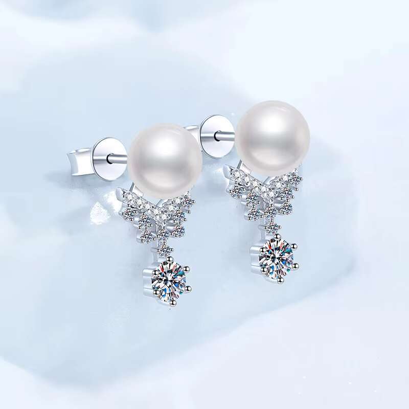 Womens Moissanite S925 Sterling Silver Freshwater Pearl Crown Design Earrings Elegant Jewelry