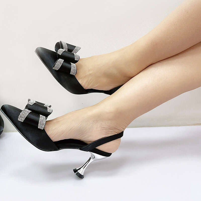 New Rhinestone Bowknot Women's Slippers Pointed Toe Stiletto High-end Fashion Outdoor Comfortable Shoes
