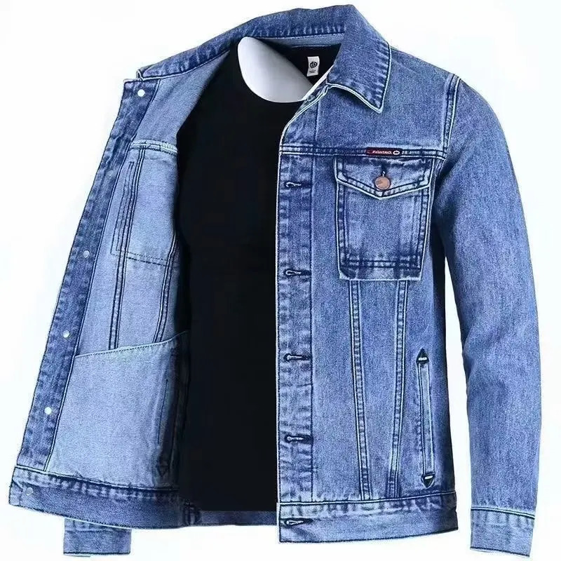 Men Fashion Denim Jacket Spring Autumn American Retro Versatile Lapel Workwear Coats Solid Casual Loose Pockets Blue Tops 250530