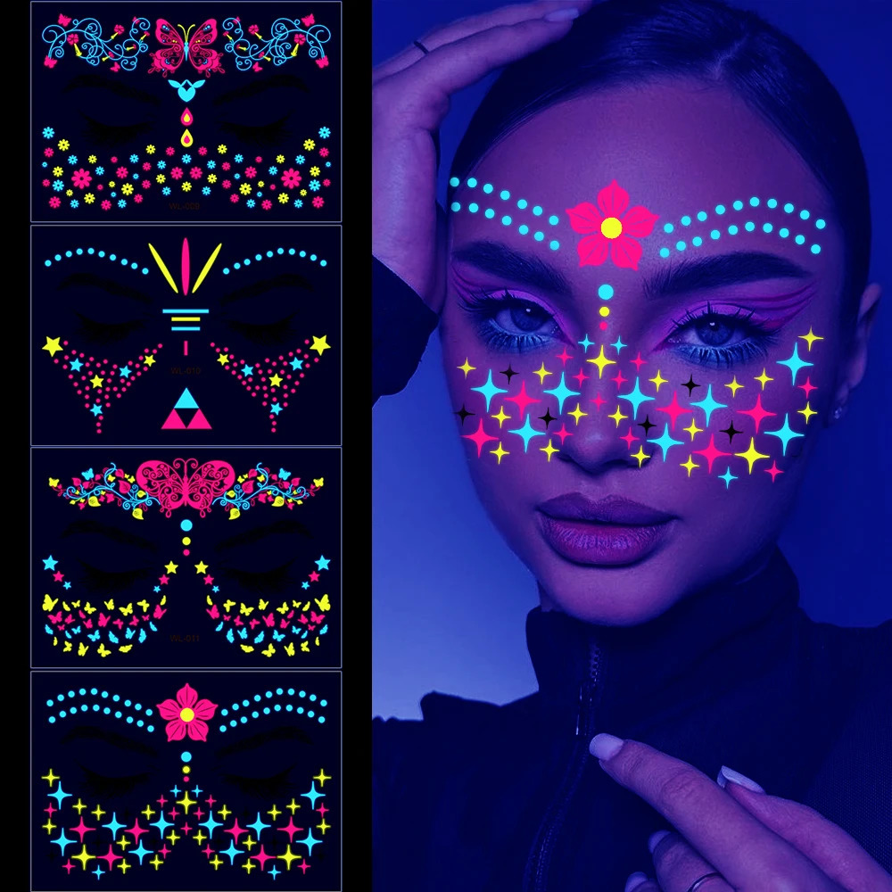 481224Pcs Fluorescent Face Stickers Flower Waterproof Glowing Temporary Tattoo Sticker For PartyMusic Festival Face Decals * 250530