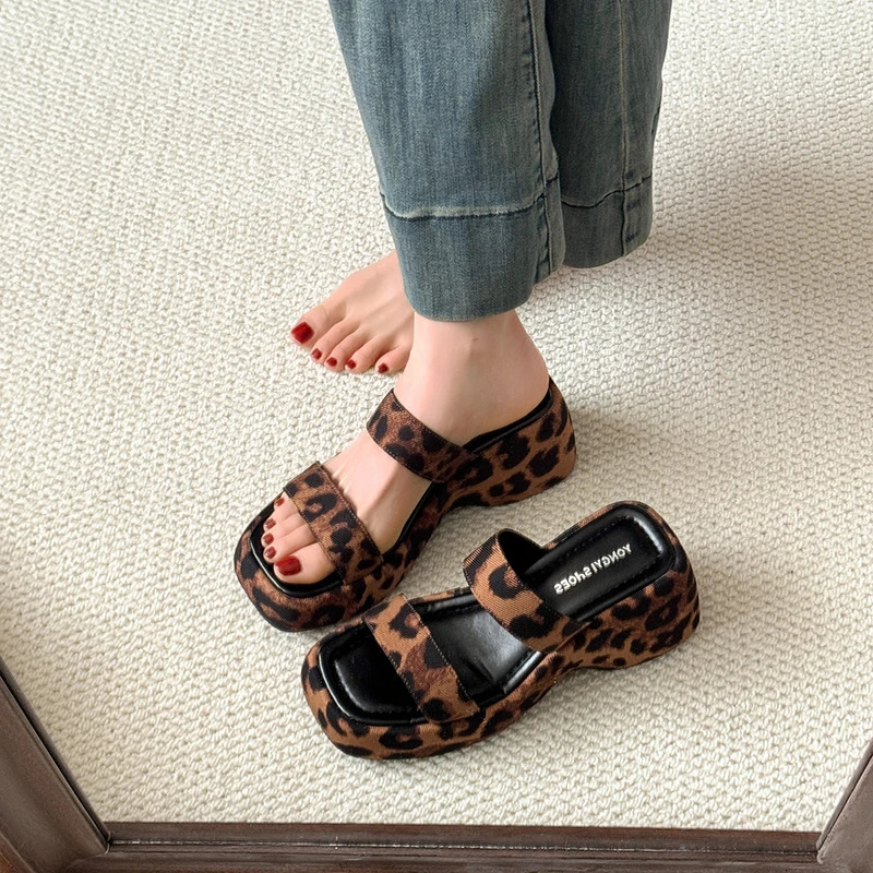 Summer Leopard Womens Platform Wedges Heel Slippers Fashion Narrow Band Slides Outdoor Open Toe Footwear 250528