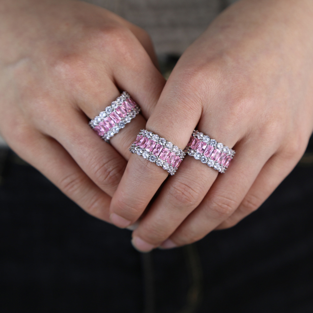 S925 sterling silver 3*5 colorful cubic zirconia imitation diamond sparkly gemstone mixed ring personalized fashionable cute wide-style band ring suit