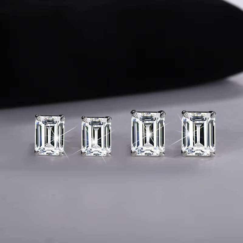 S925 Sterling Silver Emerald Cut Cubic De Rhodium-Plated VVS Moissanite Diamond Stud Earrings for Women/Men Princess Cut
