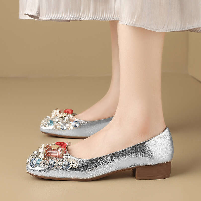 Evening Rhinestone French Style Chunky Mid Heel Single Women 2024 Trend New Spring Autumn Large Size Women's Shoes 41-43