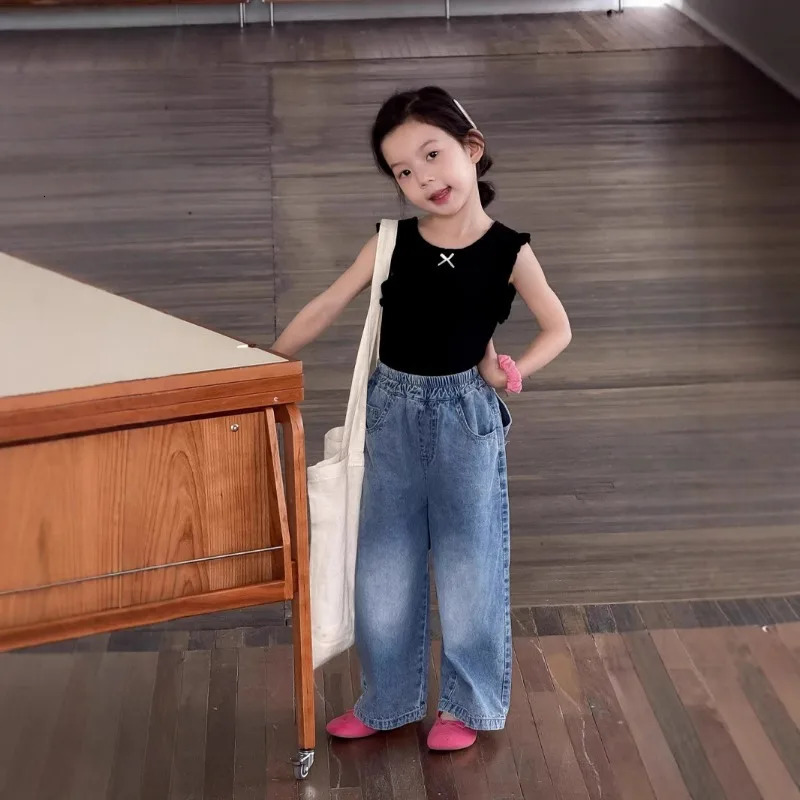 Summer Baby Girls Stylish Pants with Korean Bow Fashionable Wide Leg Straight Leg Jeans 250527