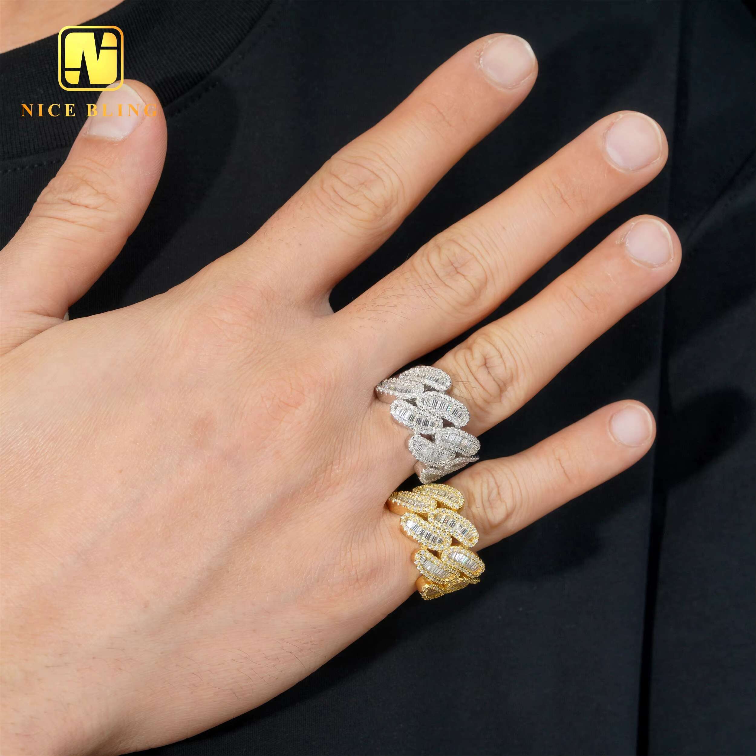 Anti Stress Hip Hop Moissanite Rings 18k Gold Plated 925 Sterling Silver Jewelry Vvvs baguette Moissanite Diamond Rings for Men