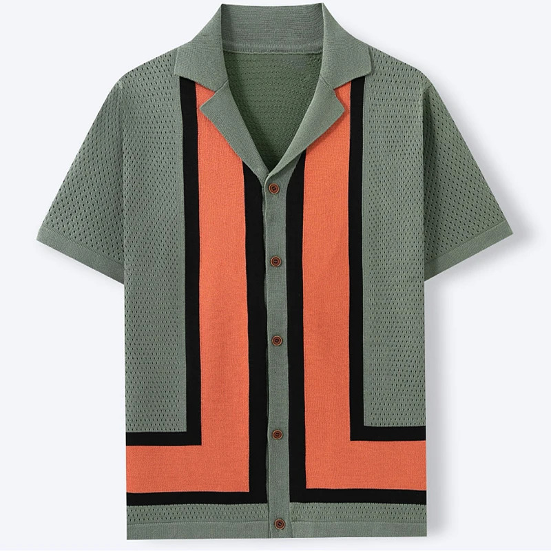 Men Hollow Out Striped Tops Casual Suit Collar Knit Polo Shirt Fashion Short Sleeve T-shirt Leisure Summer Streetwear 250530
