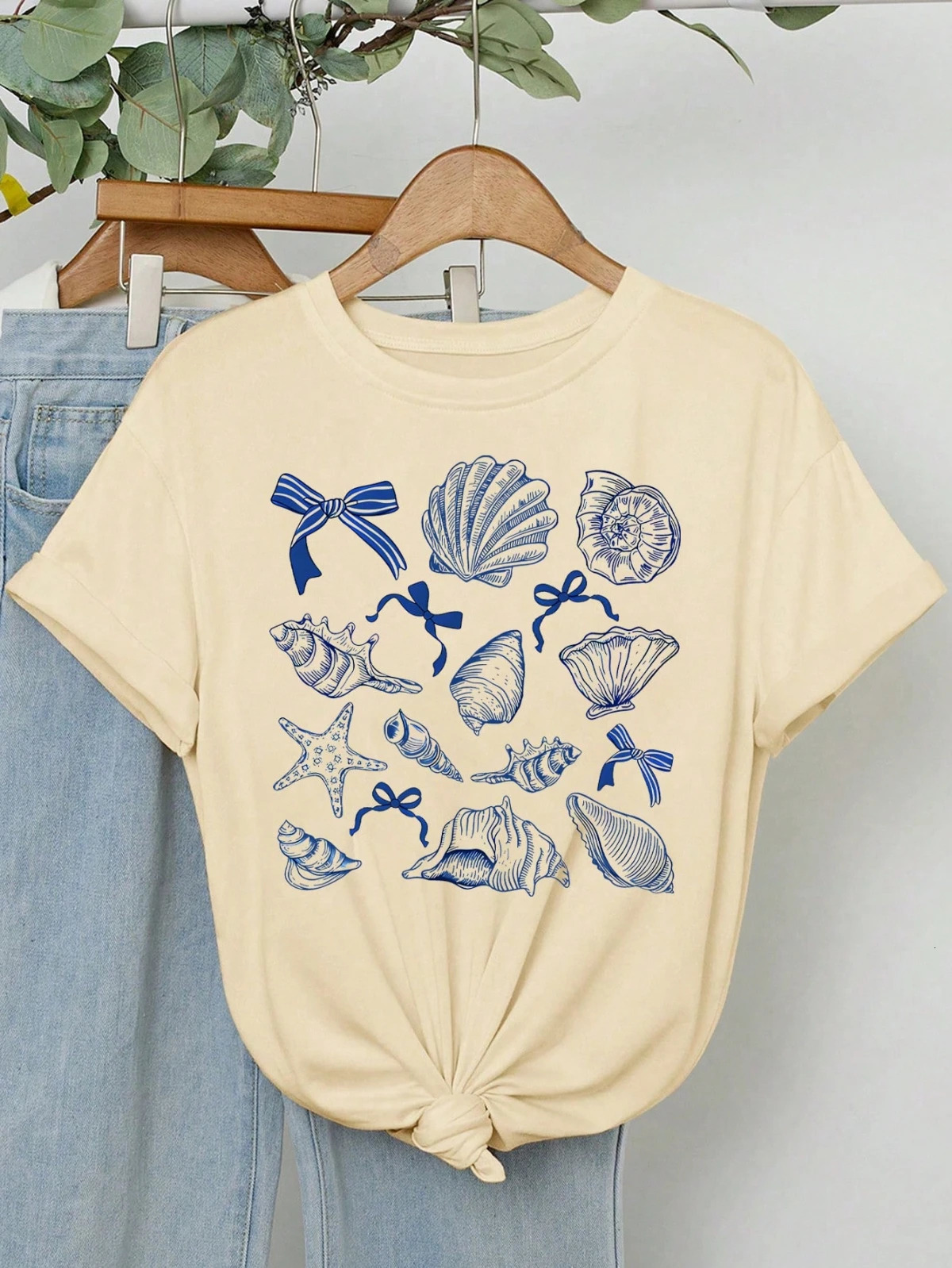 Womens Ocean Animal Conch Bow Pattern Loose Round Neck T-Shirt Summer Spring Short Sleeves 250527