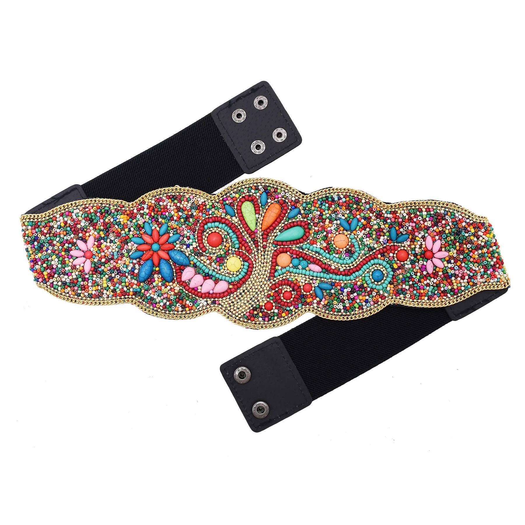 Bohemian Beads Flower Tree Ethnic Statement Wide Elastic Body Chain Belt for Girls Women Dress