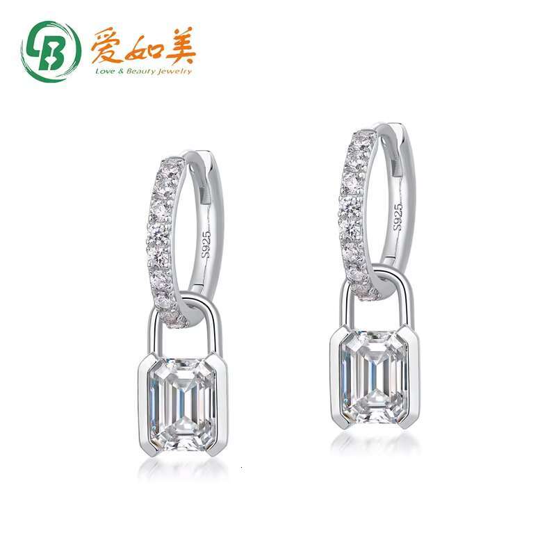 Elegant 925 Sterling Silver Super Flash Rectangle Emerald Cut Moissanite Gemstone White Gold Plated Diamond Earrings for Women