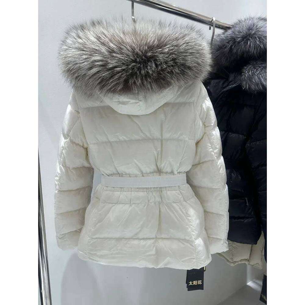 Coats Women Winter Black Hooded Fur Collar White Duck Down Puffer Thick Jacket with belt Slim Clothing High quality, fashionable, luxurious