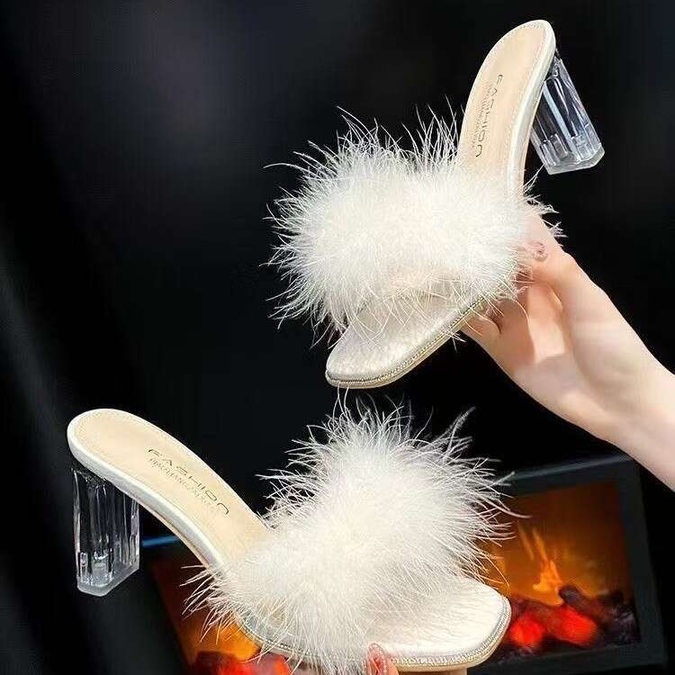 Fairy Style Outdoor Furry Sandals for Women Summer 2025 New One-Strap Crystal Chunky Heel French High Heels 2060-8
