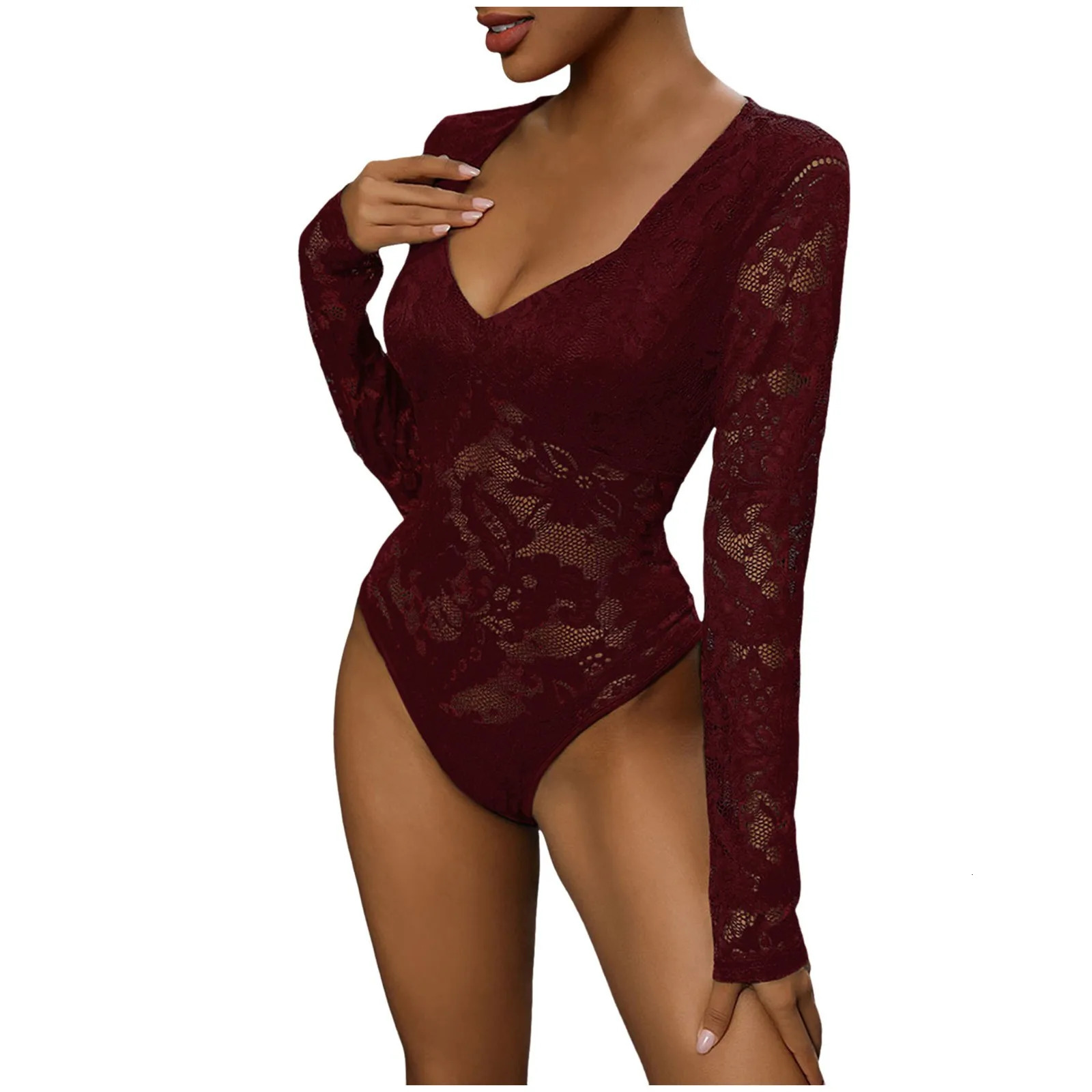 Womens Solid Color Mesh Stitching Lace Pattern Slim Fit And Thin Texture All Purpose Inner Jumpsuit Knit Jumpsuit Women 250527